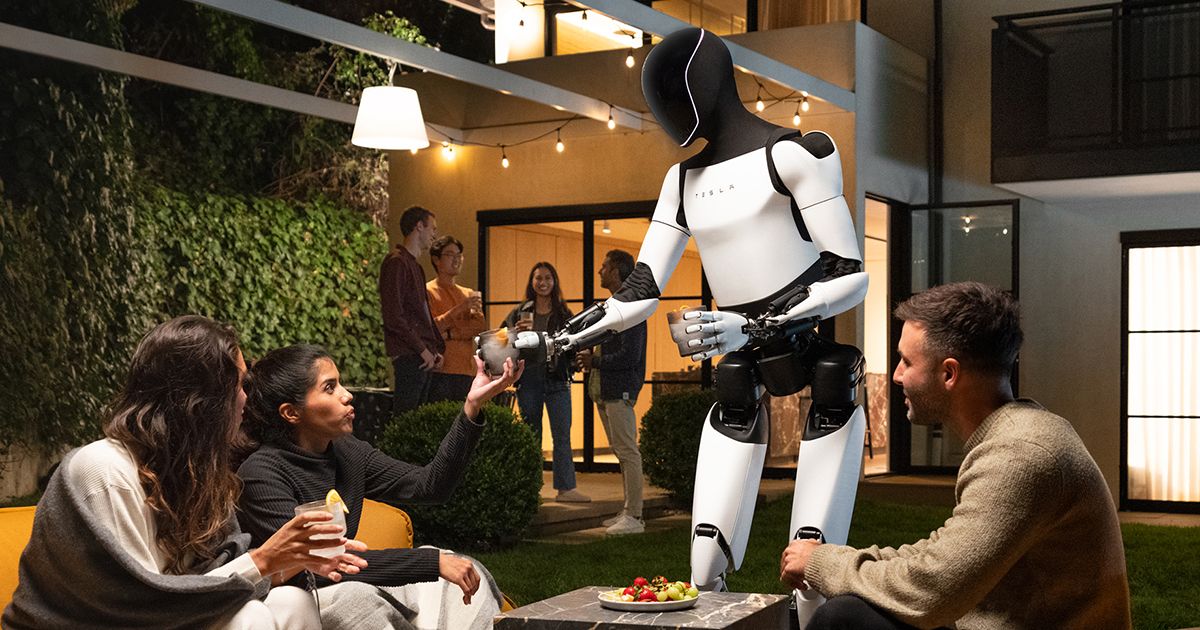 Robot Tesla Optimus sirviendo bebidas en una fiesta al aire libre